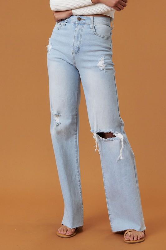 HIGH RISE WIDE LEG RIPPED JEANS