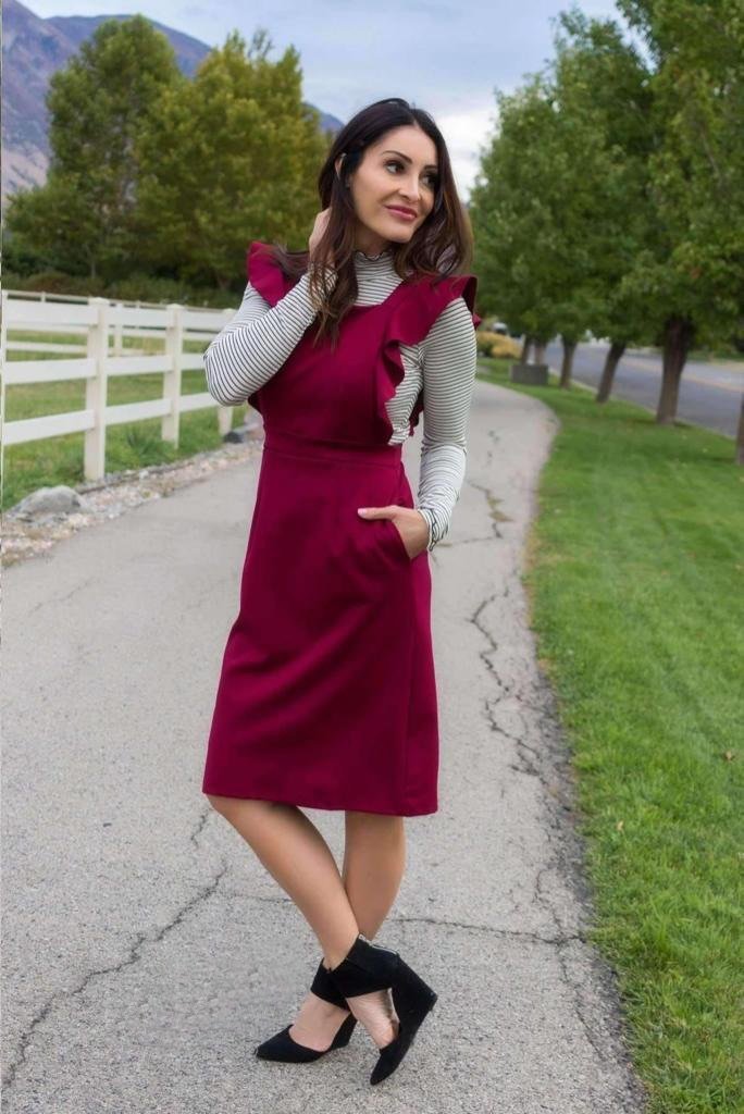 Maroon overall outlet dress outfit