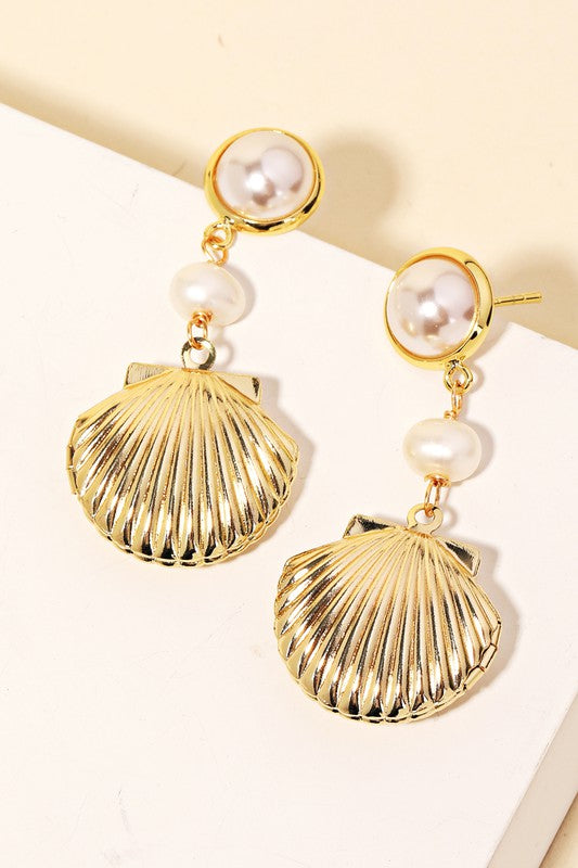 Gold Shell & Pearl Drop Earrings