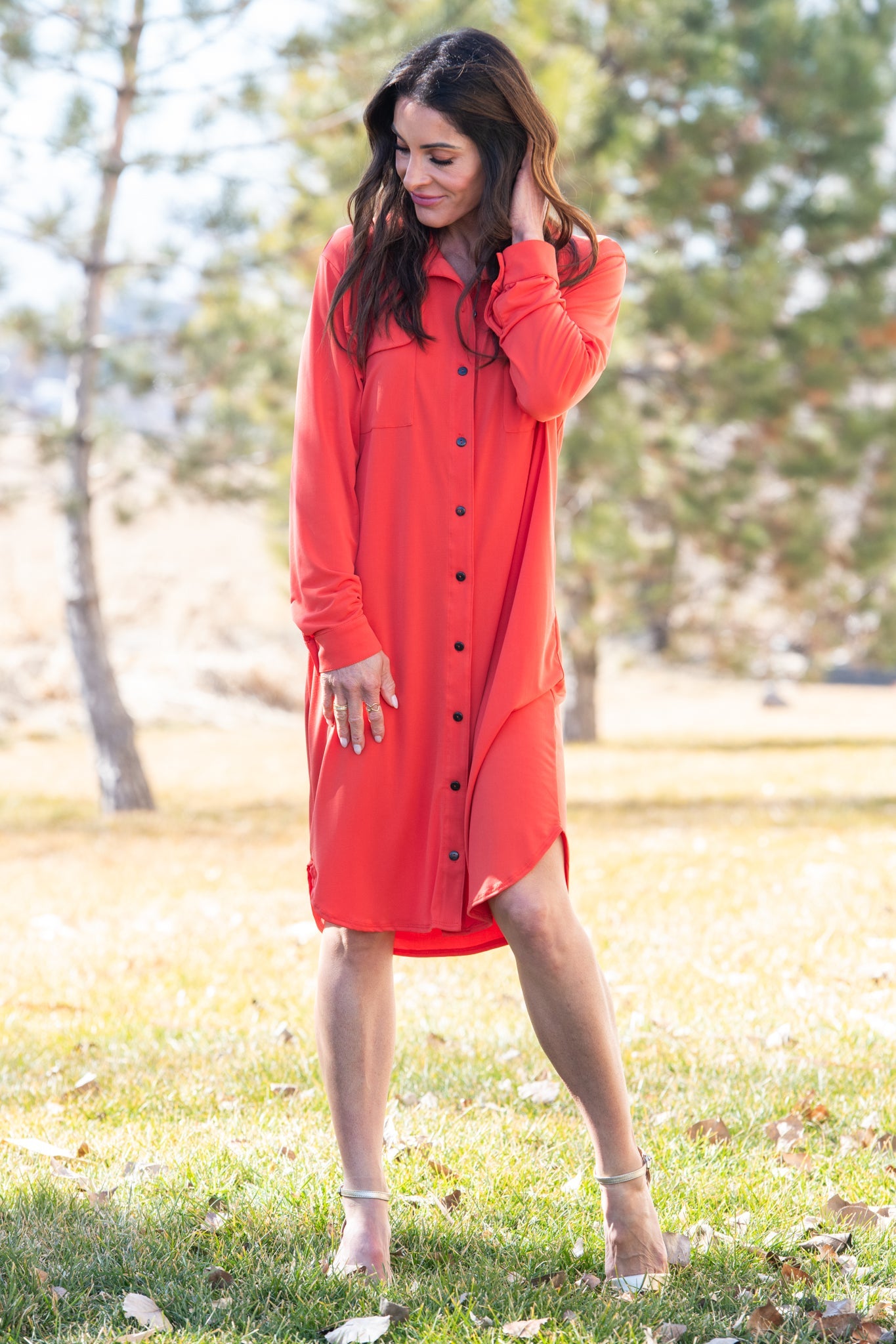 Red button cheap down shirt dress