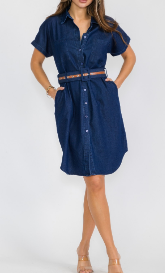 Dark Denim Belted Dress