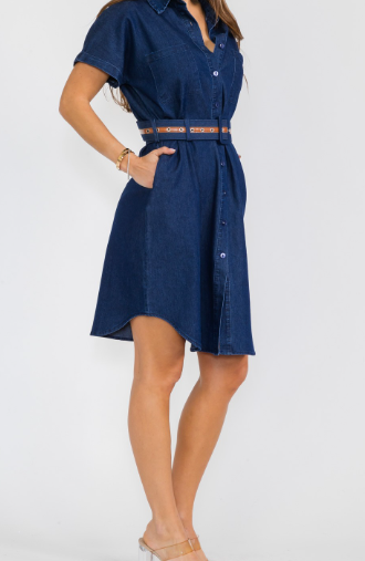 Dark Denim Belted Dress