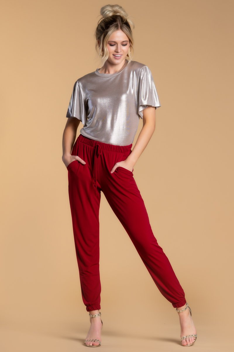 Red best sale silk joggers